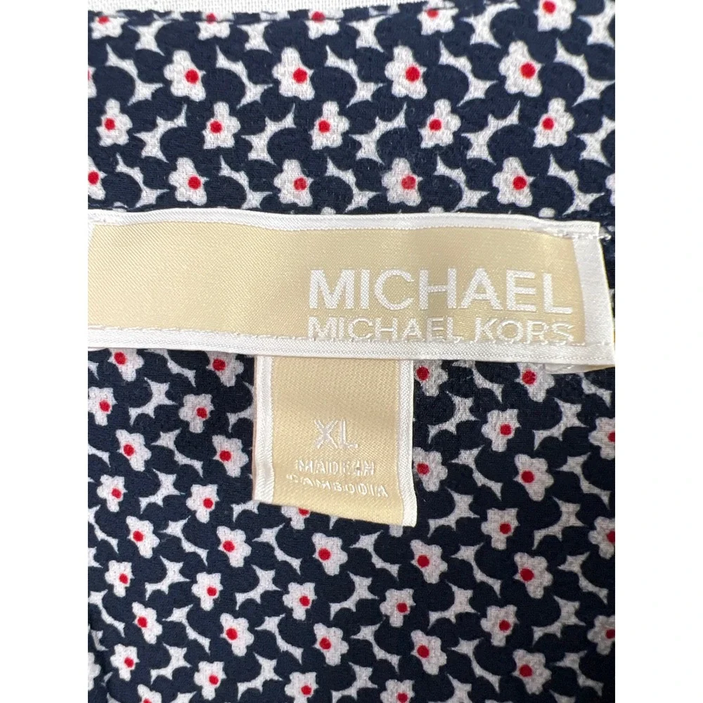 Michael Kors Blouse Women XL Navy Blue Floral V-Neck Tie Sleeve Top